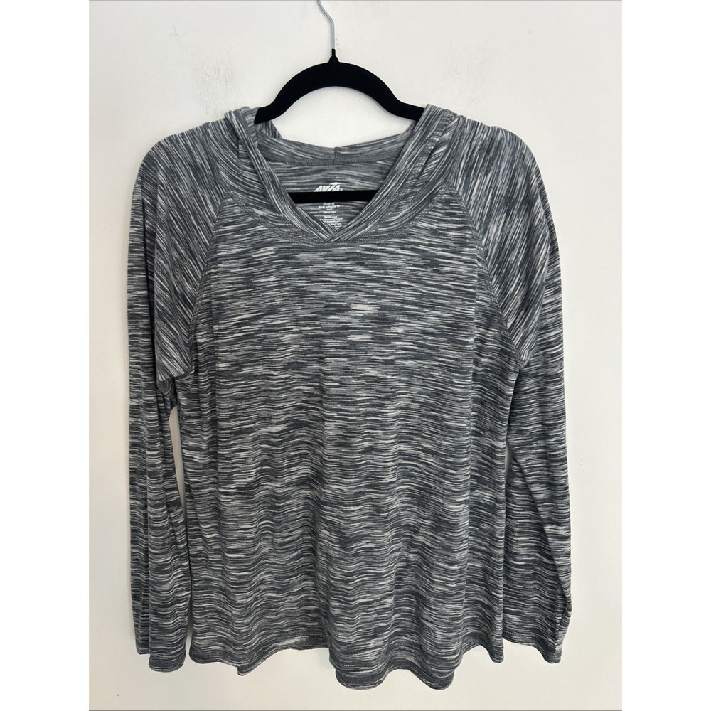 Avia Women's XL Long Sleeve Black Gray Stripe Hooded Pull Over Activewear Lightw